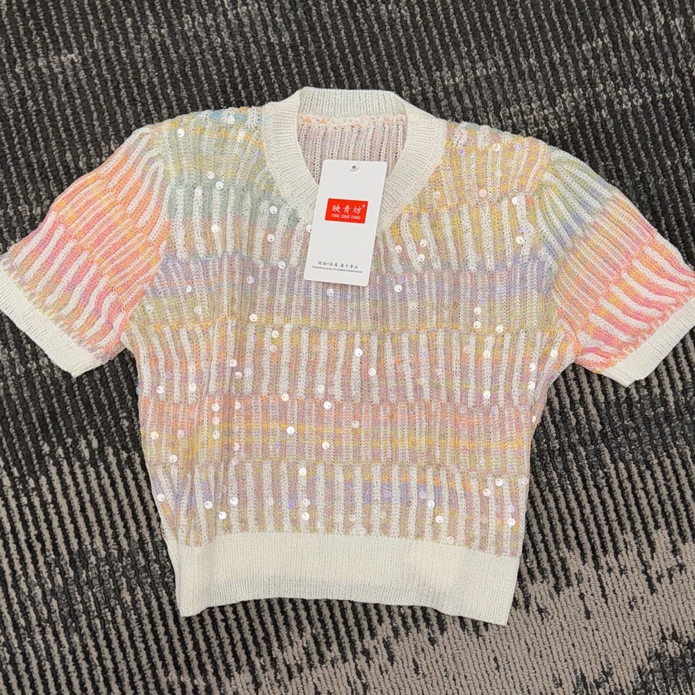 Colorful Sequin Short Sleeve Sweater
